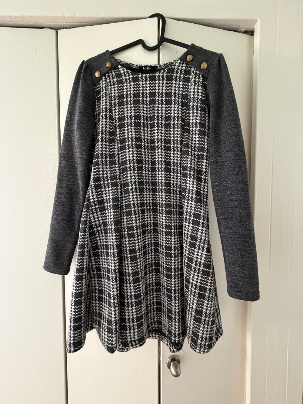 LAP Black & White Plaid Knit Tweed Dress with Gray Sleeves